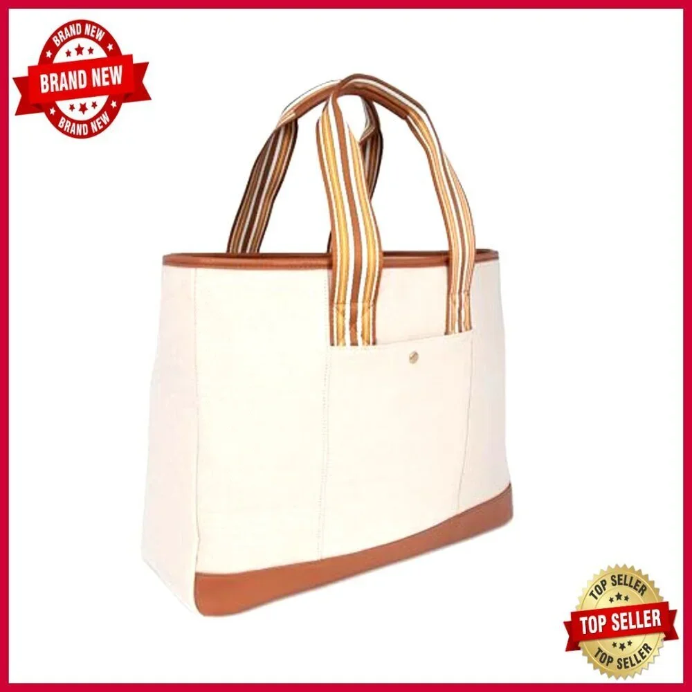 Lightweight Canvas Tote with Vegan Leather Accents, 4 Pockets, Hobo Style